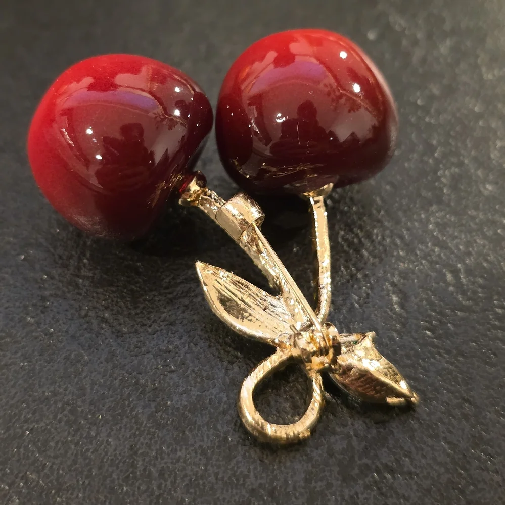 Cherry Brooch Pin Lucite Vintage Style Gold